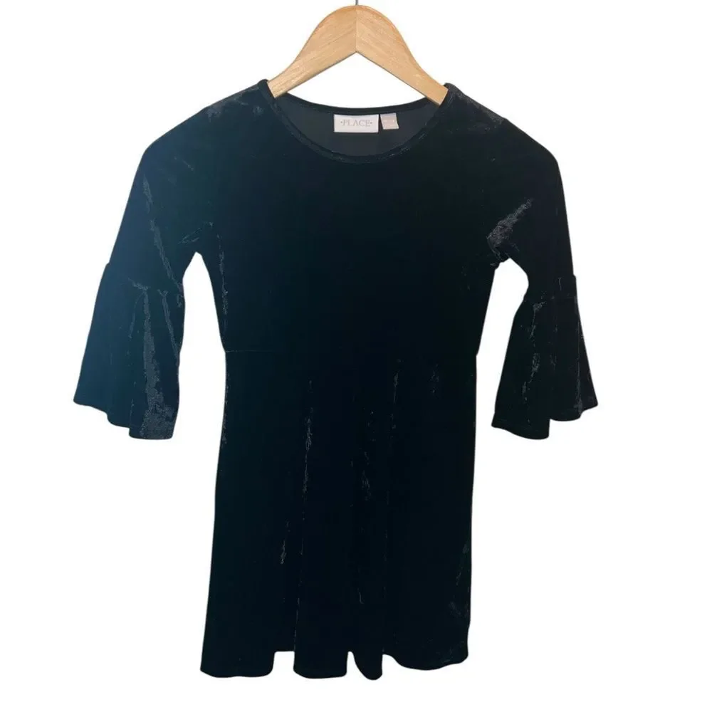 The Children’s Place Black Velvet Bell Sleeve Dress | Girls M 7/8